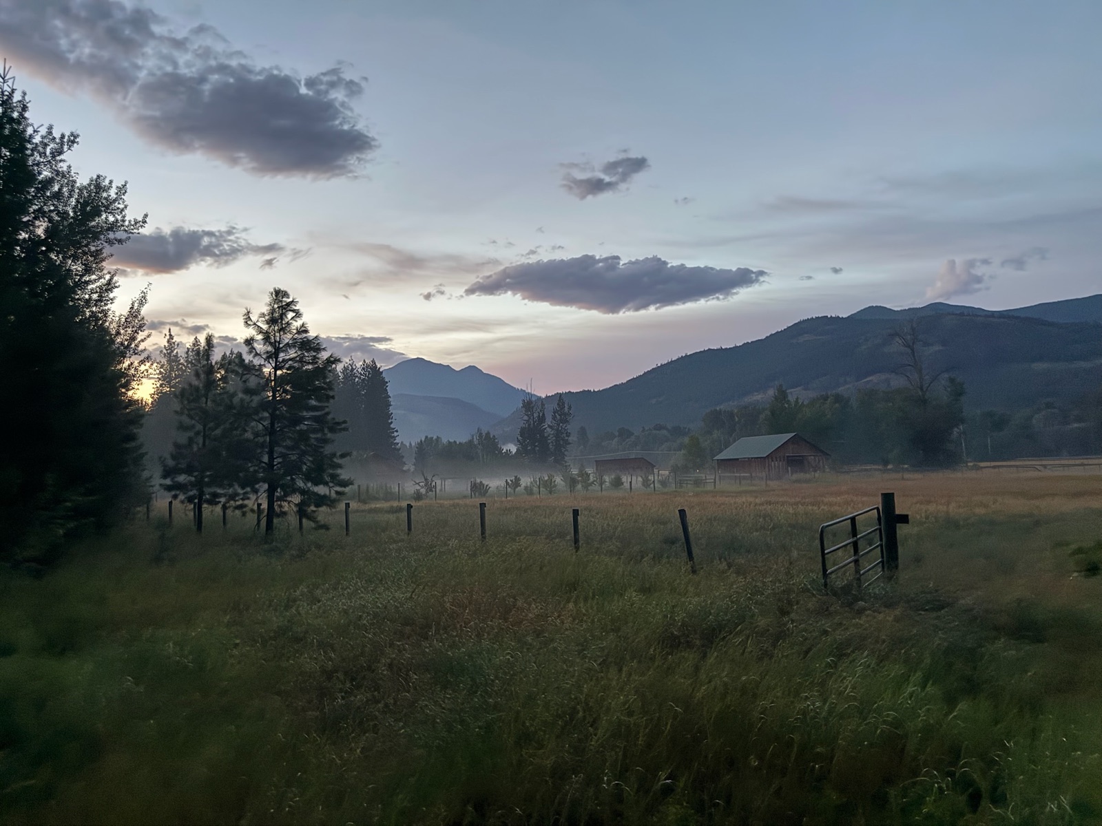 Dawn mist drifting over the farm pasture with a gate and Cascade peaks beyond