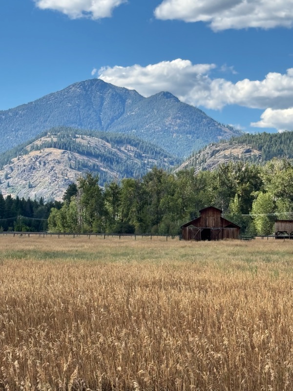 The historic red barn framed by a tall mountain peak and blue sky