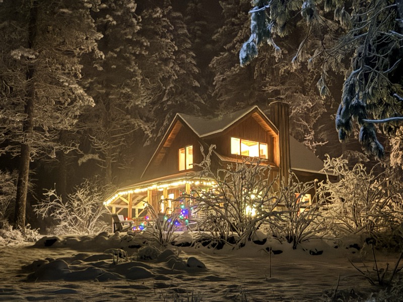 The cabin lit up at night with holiday lights, surrounded by snow-covered evergreens