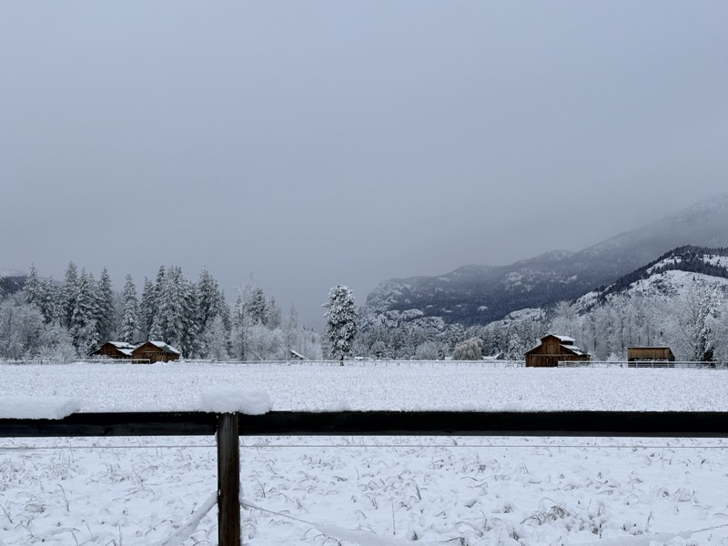 A wide snowy pasture with frosted evergreens, barns and mountains under a winter sky